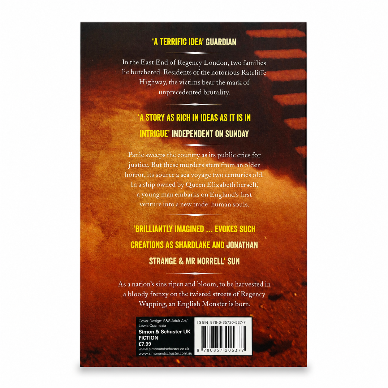 The back cover of the book 'The Poisoned Age' by Simon & Schuster UK, featuring a dark, fiery orange and red textured background with glowing yellow review quotes and a barcode at the bottom.