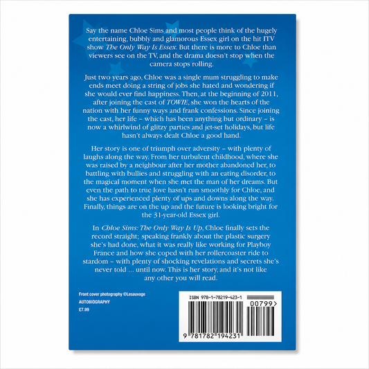 Back cover of Chloe Sims: The Only Way Is Up – My Story by Chloe Sims showing the book description and ISBN on a clean white background for the BookBuddies online bookshop.