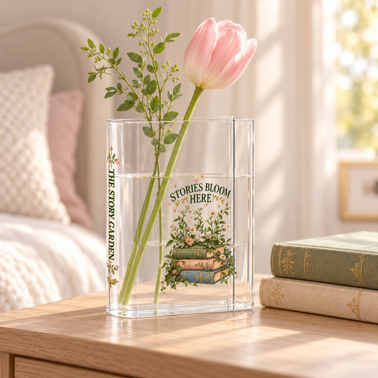 A clear rectangular glass vase with a printed botanical book-cover design and vertical text, holding a pink tulip stem on a wooden bedside table in a softly lit bedroom.