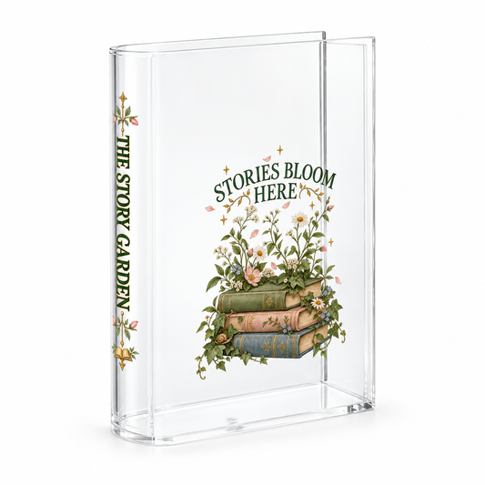 A clear acrylic bookshelf or display case shown at an angle on a white background, featuring a printed illustration of stacked books with flowers and the words “STORIES BLOOM HERE,” plus “THE STORY GARDEN” printed vertically on the side panel.