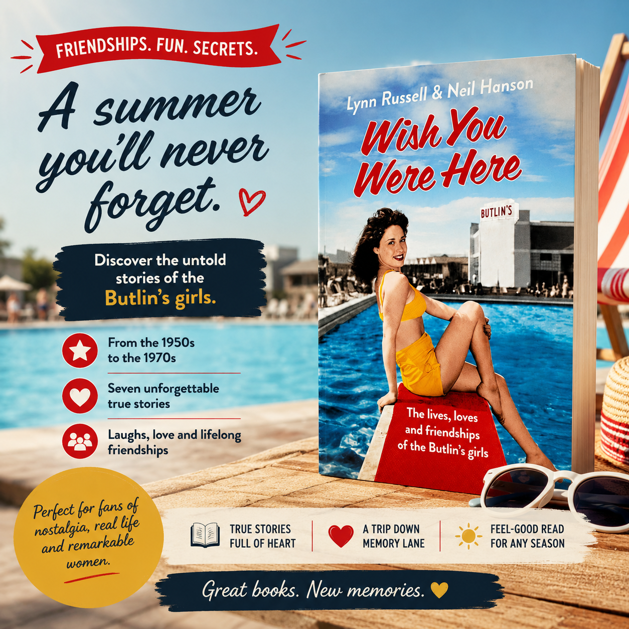 Book cover for 'Wish You Were Here' by Lynn Russell & Neil Hanson, shown as the main product on a beach-themed promotional layout with a pool, sunglasses, straw hat, and marketing text.