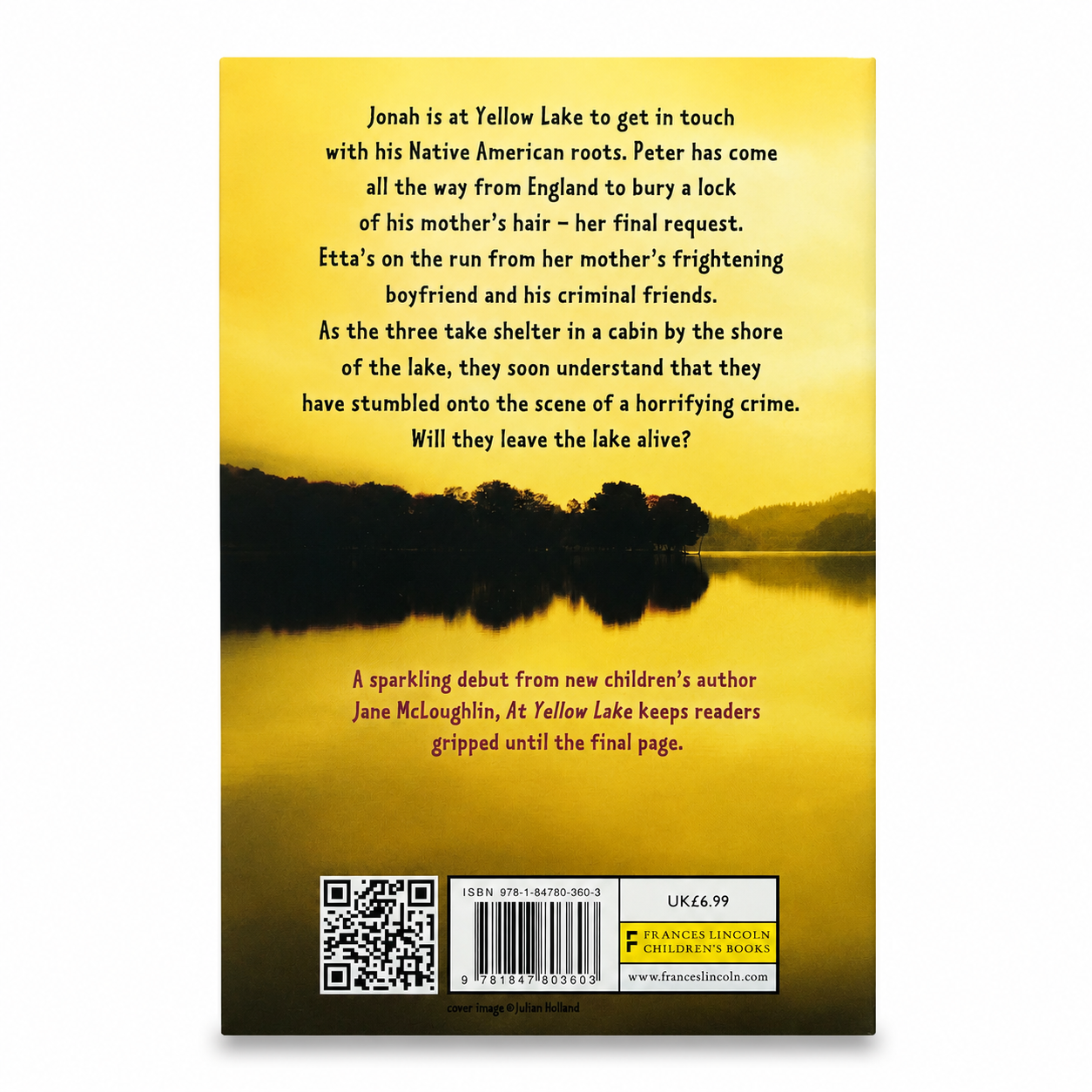 Back cover of the children's book 'At Yellow Lake' by Jane Melvinquin, featuring a yellow and black landscape illustration of a lake at sunset with a synopsis of the story and barcode details.