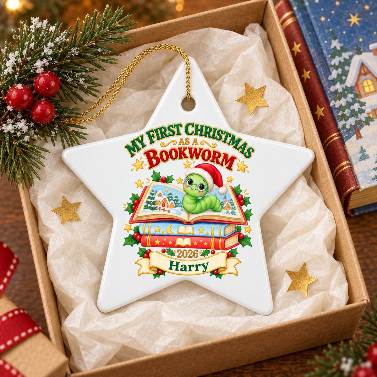 Personalised First Christmas Bookworm or Bookdragon Ornament