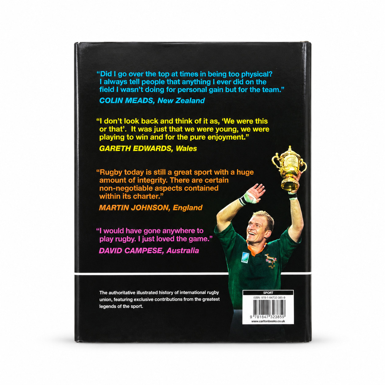 The back cover of a rugby book shown against a plain white background. The cover is predominantly black with several colorful player testimonials in blue, yellow, green, and pink, plus a photo of a rugby player celebrating with a trophy.