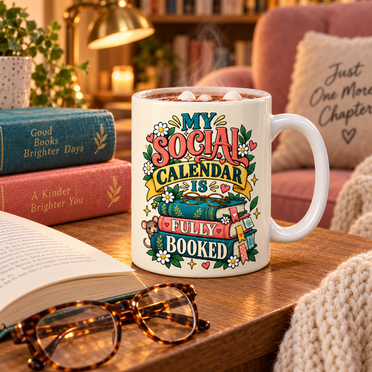 A white ceramic mug with a colorful retro-style graphic reading 'MY SOCIAL CALENDAR IS FULLY BOOKED,' filled with a hot drink and marshmallows, set on a wooden table in a cozy reading room with books, glasses, and a chair in the background.