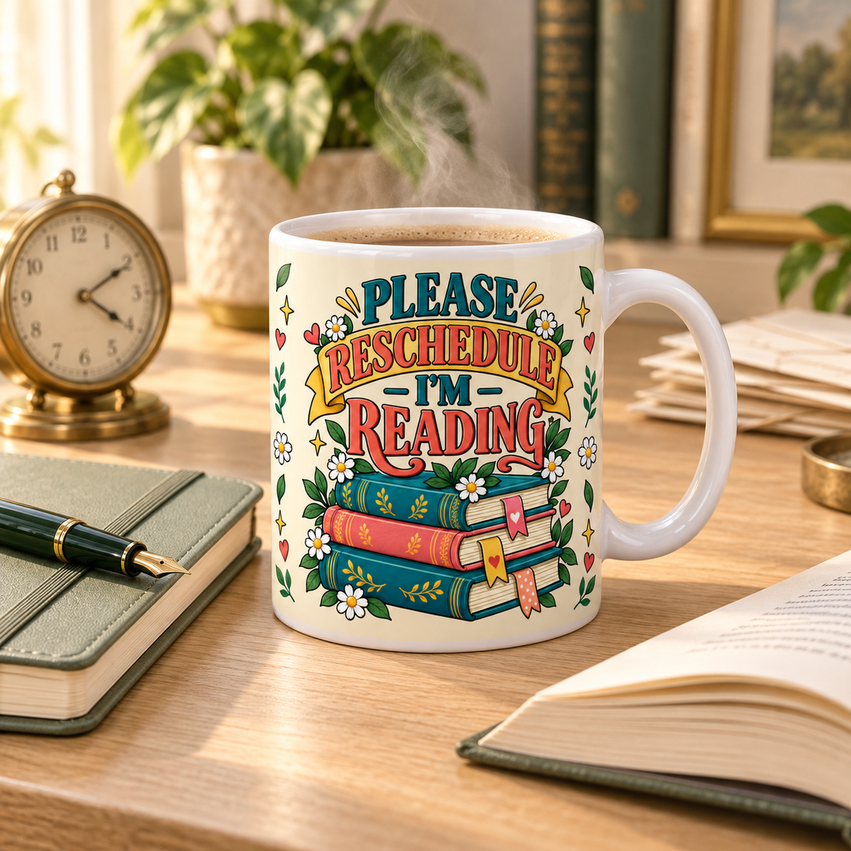 A white ceramic mug with a colorful graphic that reads 'PLEASE RESCHEDULE I'M READING' surrounded by flowers and books, sitting on a wooden desk with an open notebook, pen, clock, and book in a cozy room setting.