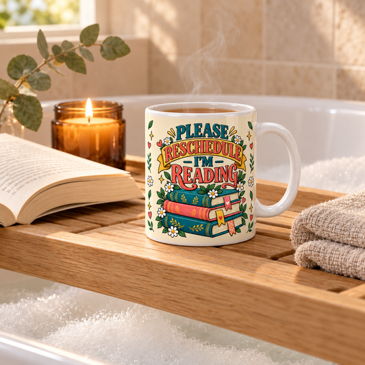 A white ceramic mug with a colorful 'Please Reschedule I'm Reading' graphic sits on a wooden bath caddy in a steamy bathroom scene with an open book, a lit candle, and a folded towel.