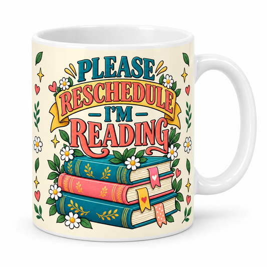 A white ceramic mug with a cream-colored printed background, featuring a colorful graphic of stacked books, small white flowers, hearts, and the text 'PLEASE RESCHEDULE I'M READING'.