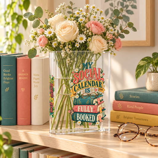 A clear acrylic calendar-themed vase filled with white, pink, and cream roses, daisies, and eucalyptus stems, styled on a wooden shelf next to books and eyeglasses.