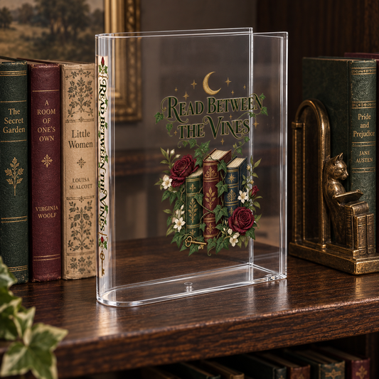 A clear acrylic bookshelf insert holding a decorative book titled 'Read Between the Vines' with an illustration of books, roses, flowers, and a crescent moon, displayed on a wooden bookshelf between real books.