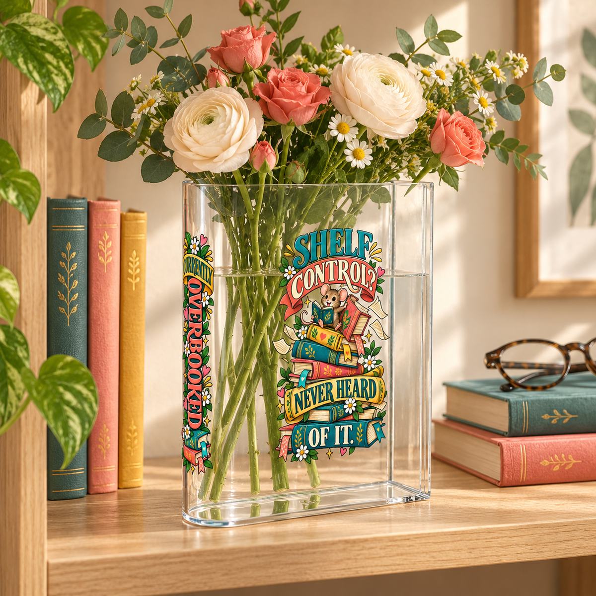 A clear rectangular glass vase filled with water and flowers, placed on a wooden shelf beside books. The vase has colorful printed artwork with the phrase “She Will Control What She Never Heard of It” and “Read More.
