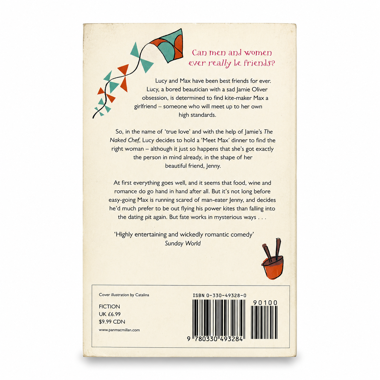 The back cover of the book 'Can men and women ever really be friends?' by Lucy Max, featuring a cream-colored background with colorful geometric illustrations, a synopsis of the story, and a barcode at the bottom.