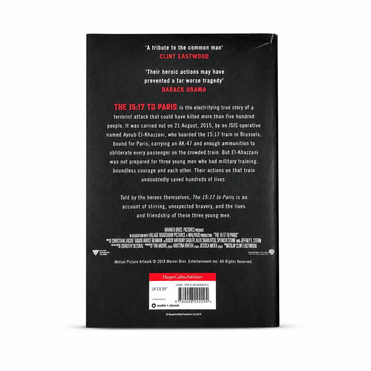 The back cover of the book 'The 15:17 to Paris' by Clint Eastwood, featuring a black background with white and red text, a barcode, and a small 'HarperCollins' logo at the bottom.