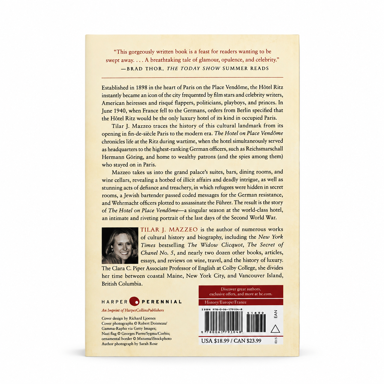 Back cover of The Hotel on Place Vendome by Tilar J. Mazzeo paperback showing the book synopsis and ISBN.
